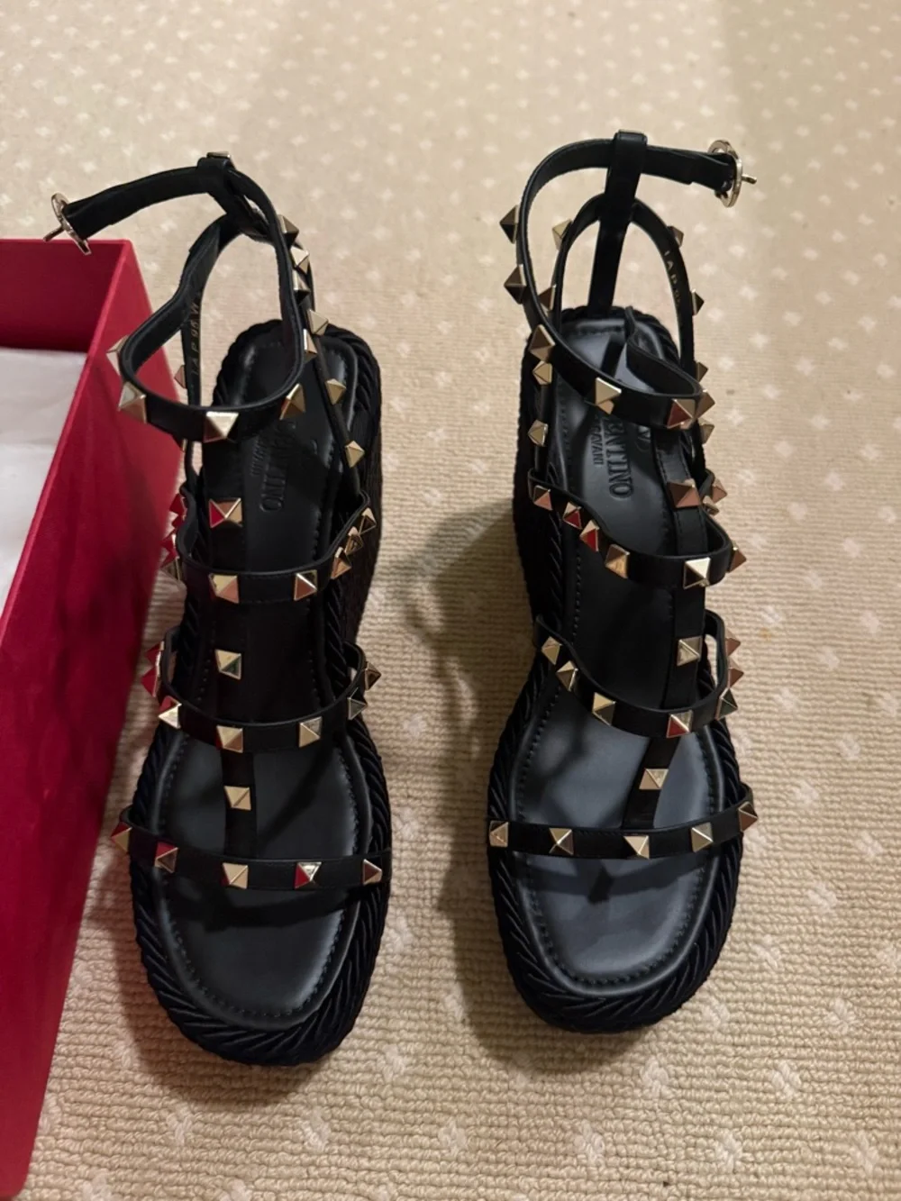 Valentino Garavani Black Wedge Sandals with Gold Pyramid Studs